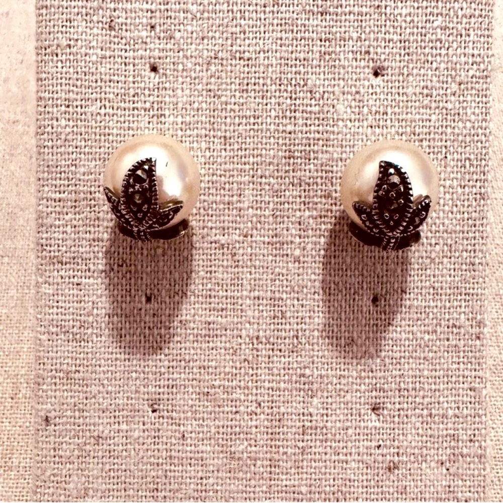 Lord & Taylor | Earrings | Marcasite Floral Pearl Stud Earrings - Picture 4 of 7